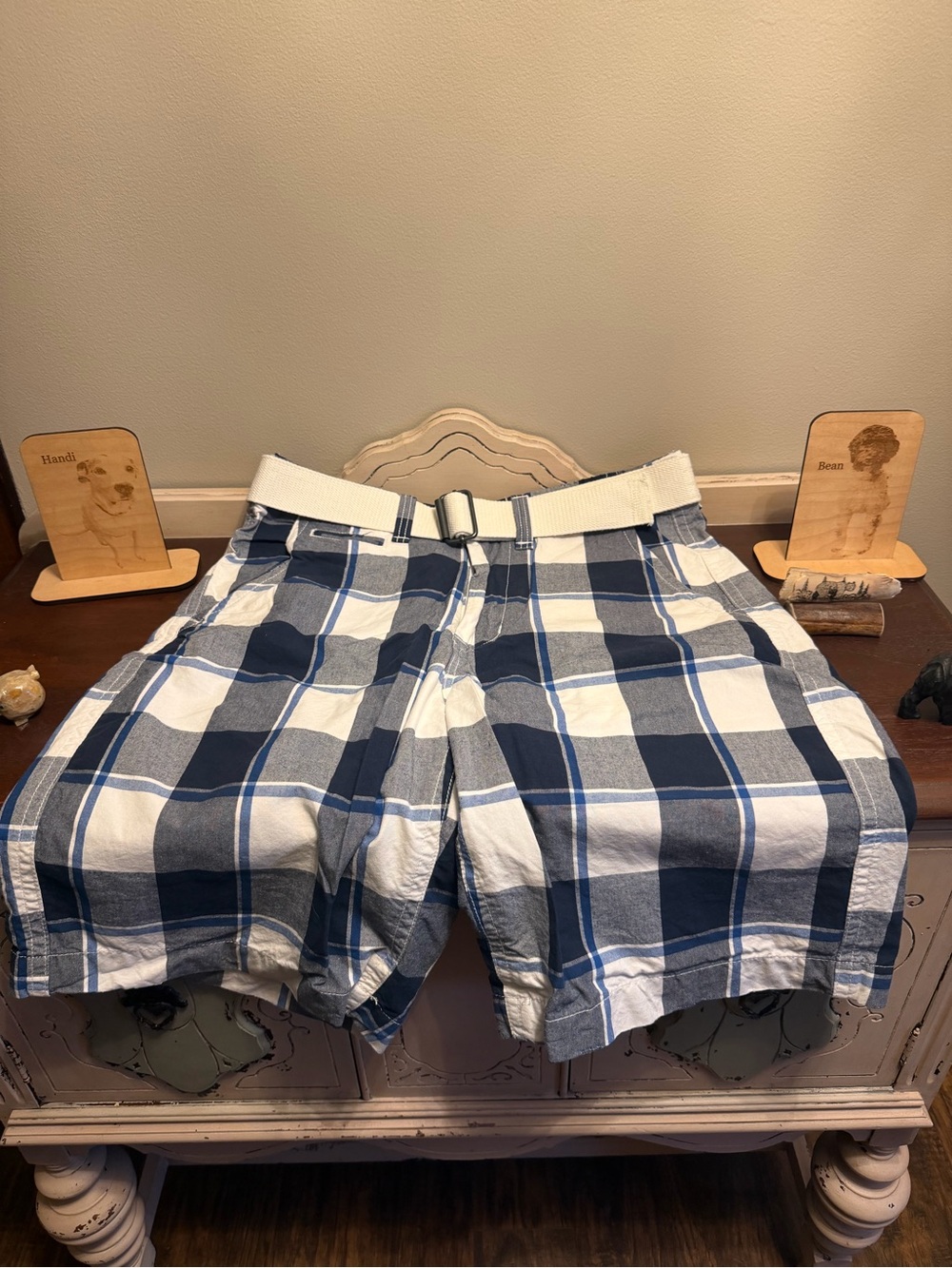 American Eagle Outfitters Navy and White Plaid Flat Front Shorts with Belt